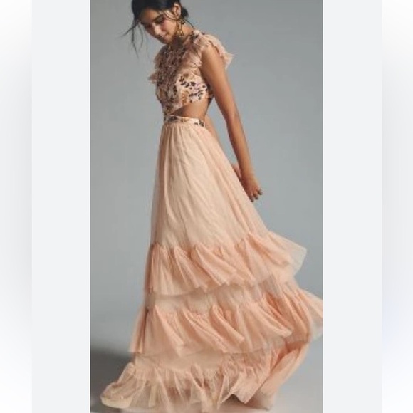 NWT Mac Duggal Cutout Tiered Ruffle Skirt Dress Peach Multi Embroidered - Picture 1 of 16